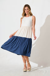 Navy Colorblock Linen Midi Dress